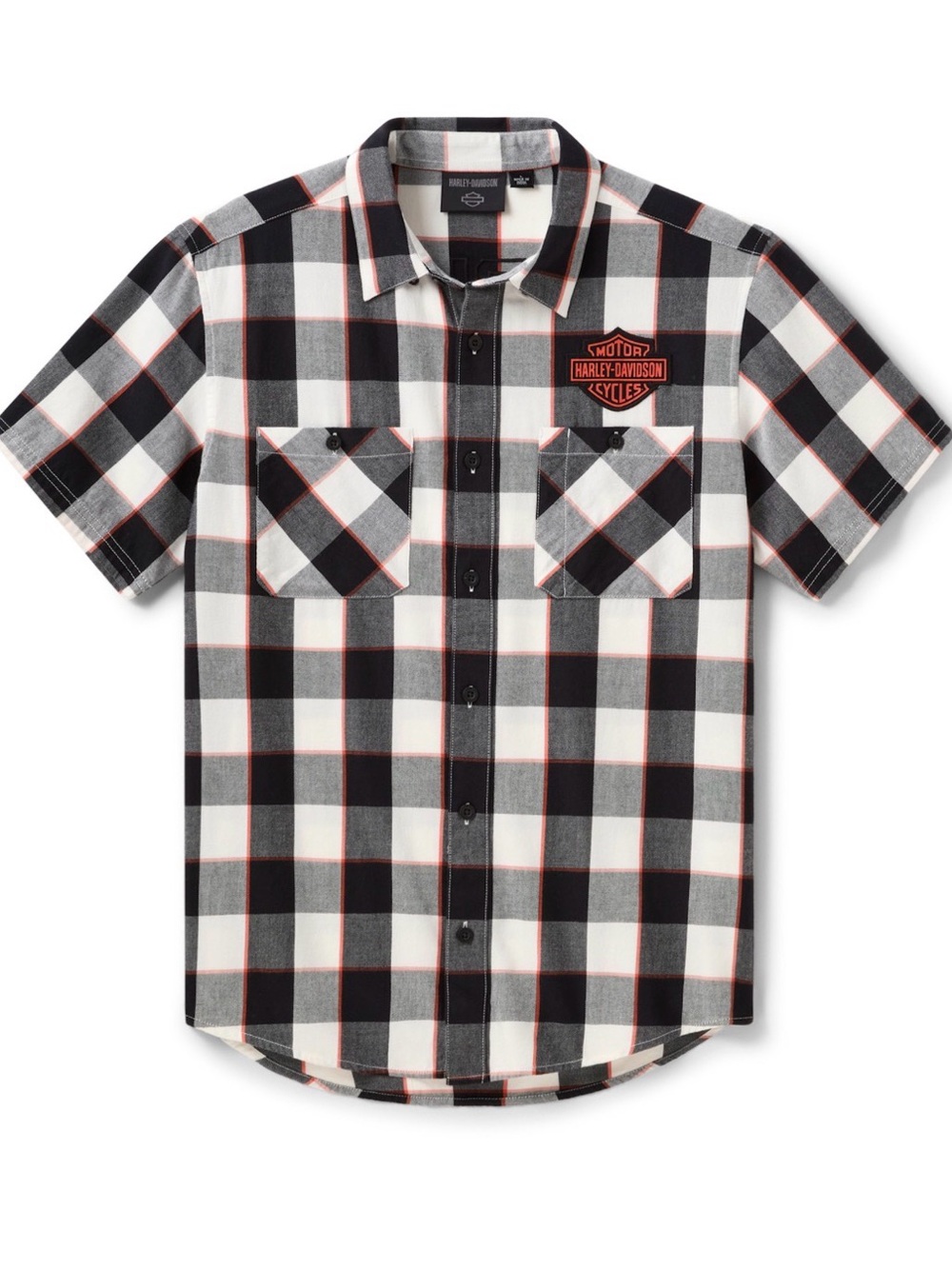 Harley-Davidson Black, White & Orange Trim Plaid Short-Sleeve Button Shirt
